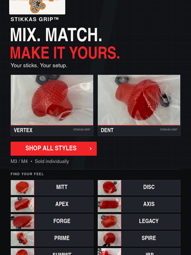 STIKKAS GRIP: Mix. Match. Make it yours. Shop all 12 styles, with VERTEX and DENT featured. M3/M4, sold individually.