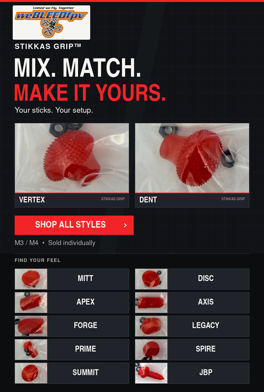 STIKKAS GRIP: Mix. Match. Make it yours. Shop all 12 styles, with VERTEX and DENT featured. M3/M4, sold individually.